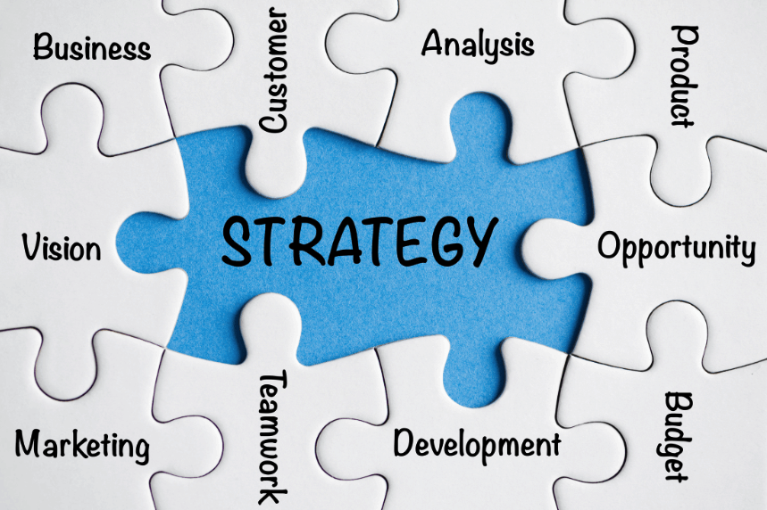 Jigsaw piece showing marketing strategies in text