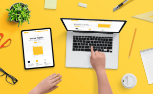 yellow background with laptop and iPad